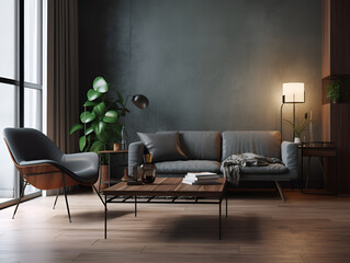 Wooden sofa wall in living room interior, modern design, mock up furniture decorative interior. AI Generative.