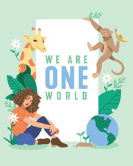 Green background with text "We are one world" and copy space. Vector frame decorated with hand drawn woman, plants, parrot, giraffe, monkey and globe.