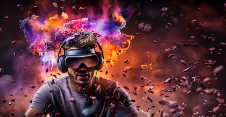 Obraz na płótnie Canvas Young man using virtual reality headset. VR glasses, futuristic, technology, online education, education, video game concept. Generative AI.