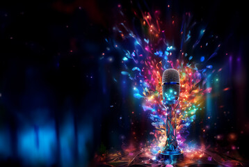 Beautiful imaginative creative microphone sound explosion with multiple colors. Generative Ai.