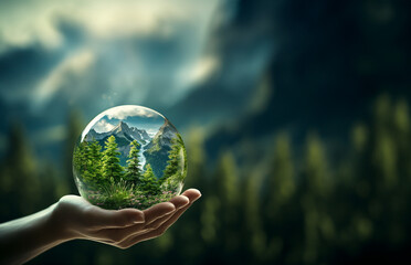 Human hands holding earth sphere crystal with sunlight, green nature background, concept of conservation environmental. AI Generative.