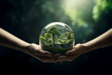 Human hands holding earth sphere crystal with sunlight, green nature background, concept of conservation environmental. AI Generative. - obrazy, fototapety, plakaty