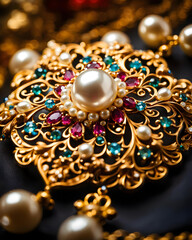 ornamented baroque necklace pendant made out of gold, gems and pearls - generative ai