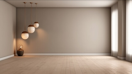 Fototapeta na wymiar White empty minimalist room interior with vases on a wooden floor, white landscape in window. AI Generative.