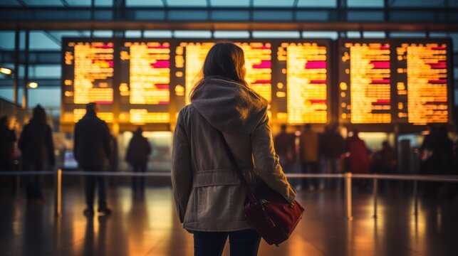 View from the back of a girl who looks at the airport board with flight delays