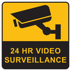 Security camera icon, video surveillance, cctv sign. Yellow square indicating camera operation. 24 hours monitoring, safety home protection system. Fixed CCTV, Security Camera Icon Vector.	