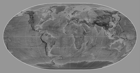 World map. Grayscale. Loximuthal projection. Meridian: 0