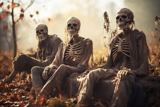 Eerie Skeletons Resting in a Haunting Graveyard