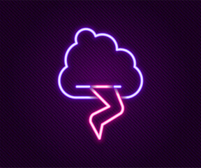 Glowing neon line Storm icon isolated on black background. Cloud and lightning sign. Weather icon of storm. Colorful outline concept. Vector