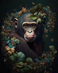 Obraz premium Fantasy monkey portret in flowers and leaves