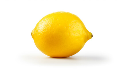 A lemon isolated on a white background. Stem. Leaf. Studio photography. Ripe. Washed fruit. Fresh produce. Diffuse lighting.