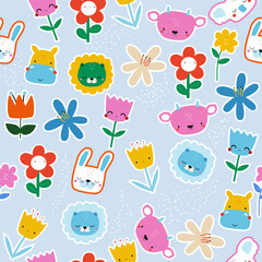 Funny childish print with animals and flowers. Vector hand drawn illustration. - 636965008