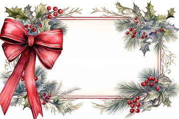frame with red ribbon and bow, christmas tree decoration, christmas branch, white background