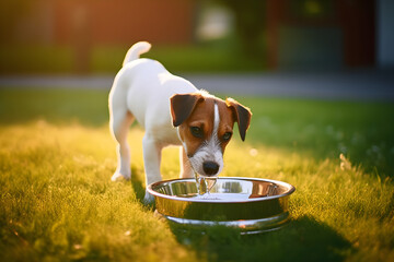 Super Cute Pedigree Smooth Fox Terrier Dog Drinks Water out of His Outdoors Bowl. Happy Little Doggy Having Fun on the Backyard. Sunny Day Outdoors - obrazy, fototapety, plakaty
