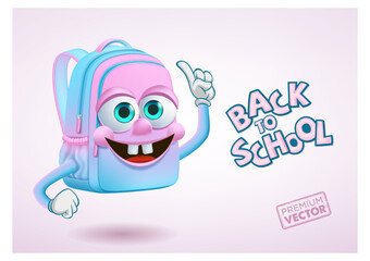 Cute smiley school bag mascot cartoon vector raising finger, back to school