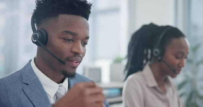 Black man, callcenter and phone call, CRM and contact us with communication and coworking space with team. Customer service consultant, help desk and advice with tech support and headset with mic