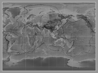 Tectonic plates. Grayscale. Miller Cylindrical projection 90 east