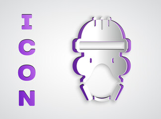 Paper cut Nuclear power plant worker wearing protective clothing icon isolated on grey background. Nuclear reactor worker. Paper art style. Vector