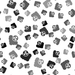 Black Acid rain and radioactive cloud icon isolated seamless pattern on white background. Effects of toxic air pollution on the environment. Vector