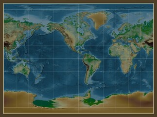 World map. Physical. Miller Cylindrical projection. Meridian: -90 west