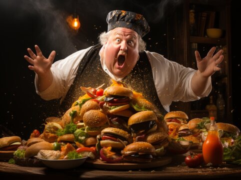 unhealthy fat man so happy with fast foods