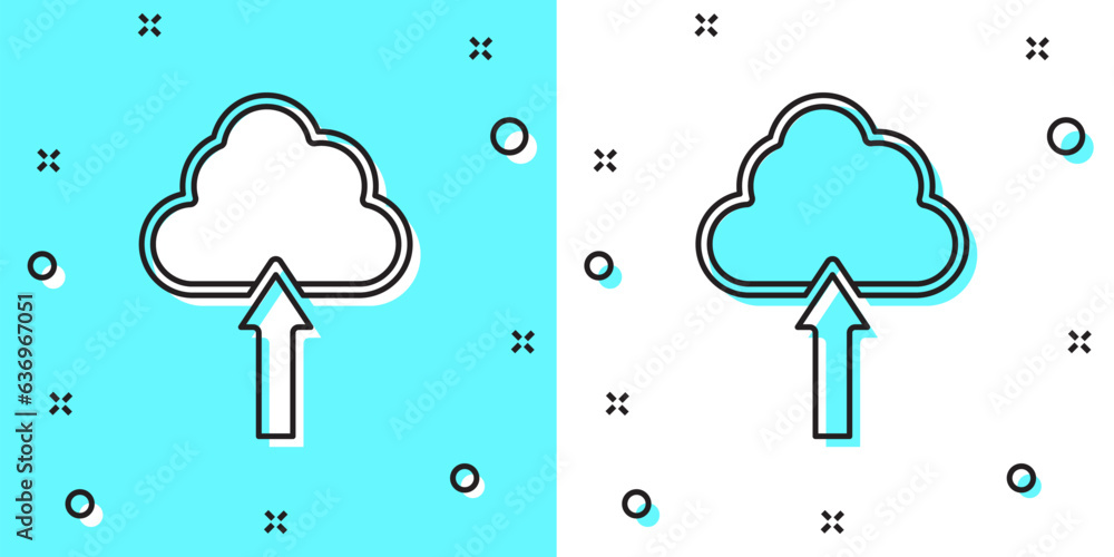 Poster black line cloud upload icon isolated on green and white background. random dynamic shapes. vector
