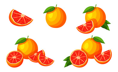 Set of delicious grapefruit in cartoon style. Vector illustration of a fresh and juicy whole grapefruit and a half, a piece with a green leaf isolated on a white background. Citrus. Healthy food.