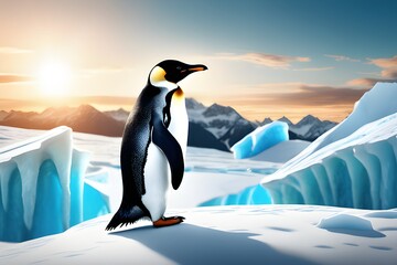 A picture of a penguin standing on a glacier in the polar region