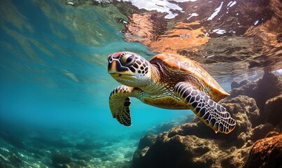 Fototapeta premium Green sea turtle swimming undersea Generative AI