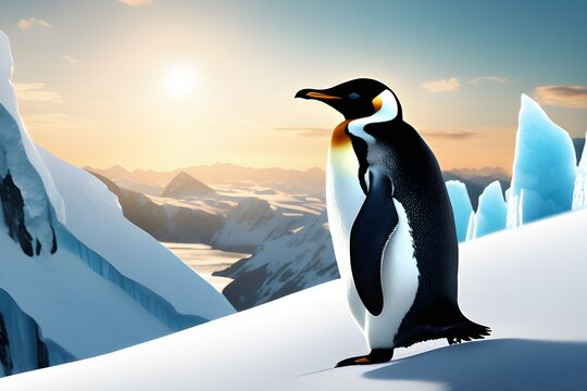A picture of a penguin standing on a glacier in the polar region