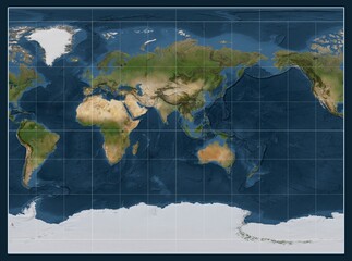 World map. Satellite. Miller Cylindrical projection. Meridian: 90 east