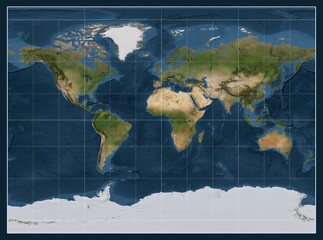 World map. Satellite. Miller Cylindrical projection. Meridian: 0