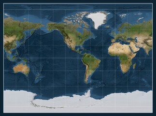 World map. Satellite. Miller Cylindrical projection. Meridian: -90 west