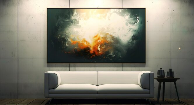A painting of a fire in a room with a picture of a fire
