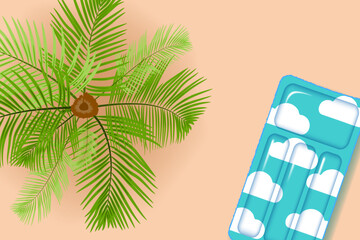 Sandy beach poster. Sandy beach, top view. Palm tree and inflatable float mattress. Vector illustration