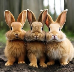 Three rabbits are sitting in the mud one of them has a white face
