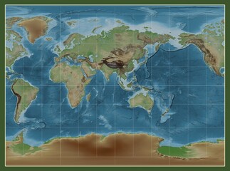 World map. Colored elevation. Miller Cylindrical projection. Meridian: 90 east