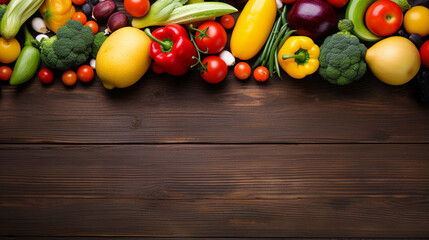 Colorful Aisle of Fresh Fruits and Vegetables in a Farmers Market, wide banner with copy space area  