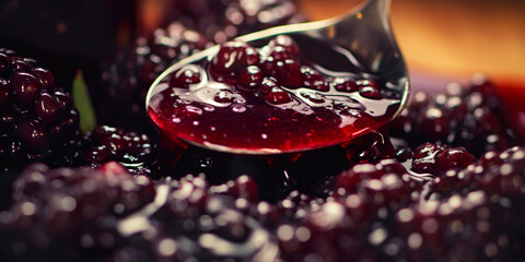 A spoonful of jam dripping against a blackberry background, a delicious condiment for various...
