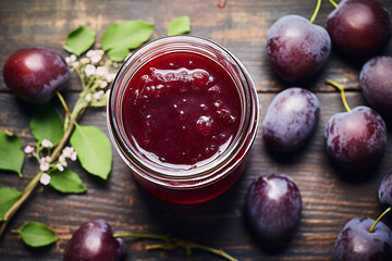 A jar of organic plum jam surrounded by nature's elements, a taste of summer's harvest captured in glass.