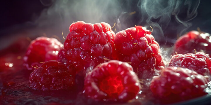 A captivating image of boilign raspberry compote, a delightful treat showcasing the beauty of vibrant berries.