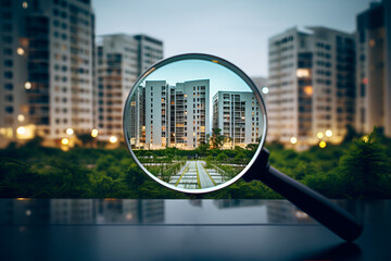 Searching for an Apartment in a Residential Building Through Magnifying Glass - obrazy, fototapety, plakaty