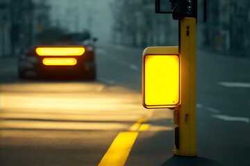 yellow traffic light on the street - obrazy, fototapety, plakaty