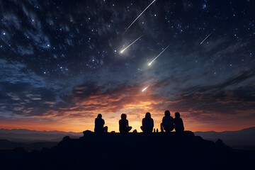A group of friends gathered under a meteor shower - obrazy, fototapety, plakaty