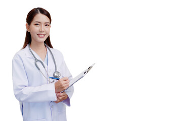 A female doctor wearing a medical gown stands and smiles on a transparent background or png background.