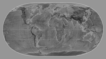 World map. Grayscale. Natural Earth II projection. Meridian: 0