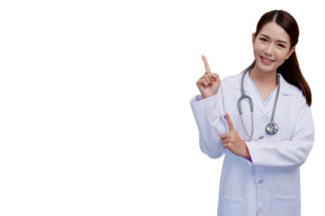 A female doctor wearing a medical gown stands and smiles on a transparent background or png background.
