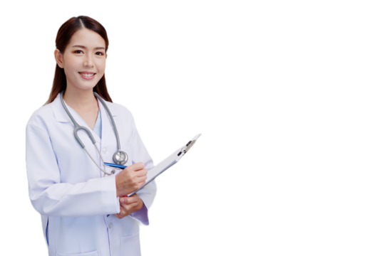 A female doctor wearing a medical gown stands and smiles on a transparent background or png background.