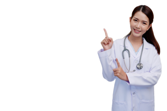 A female doctor wearing a medical gown stands and smiles on a transparent background or png background. - Powered by Adobe