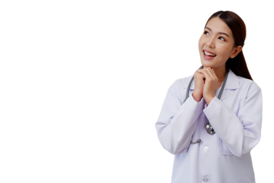 A female doctor wearing a medical gown stands and smiles on a transparent background or png background. - Powered by Adobe